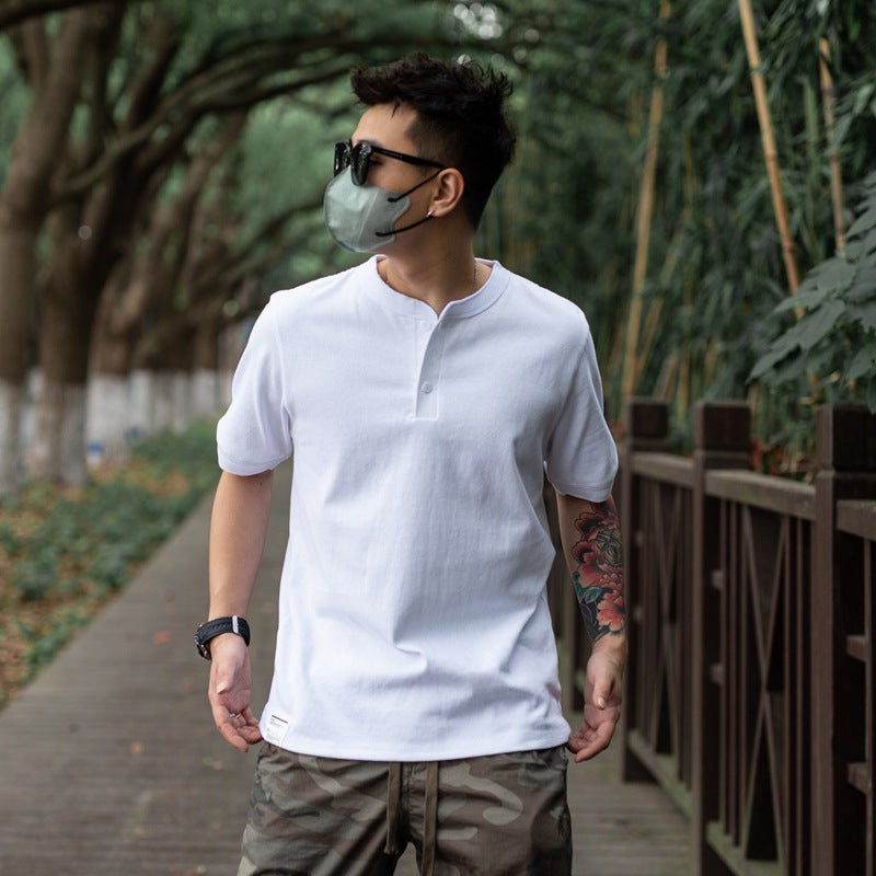Summer American Retro Men's Ami Kaji Heavy 280g Sand Washing Tough Guy Henry Collar Short Sleeve T-shirt - Image 4