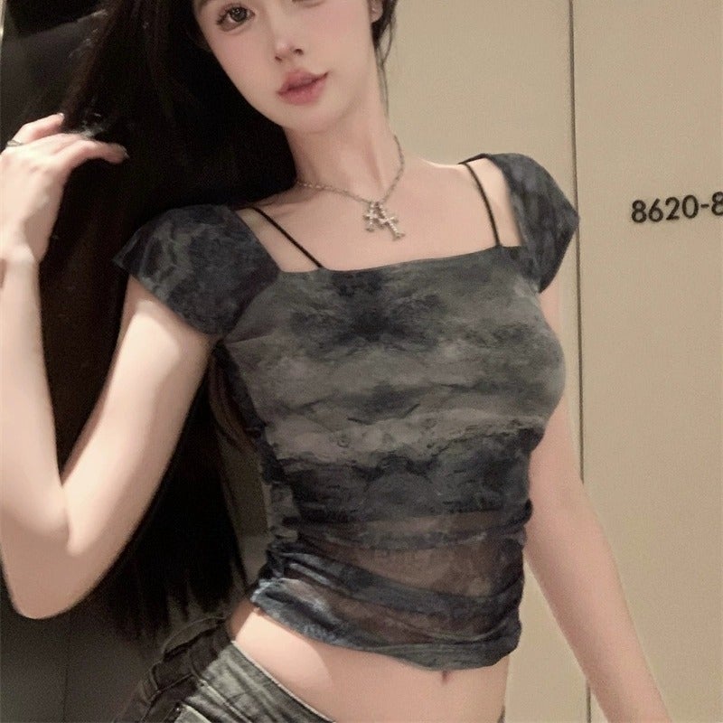 Sweet Spice Girls Ink Printing Short-Sleeved Shirt Womens Summer Fake Two-Piece Square Collar Mesh Tie-Dye Short Base-Layer Shirt Top Picture color