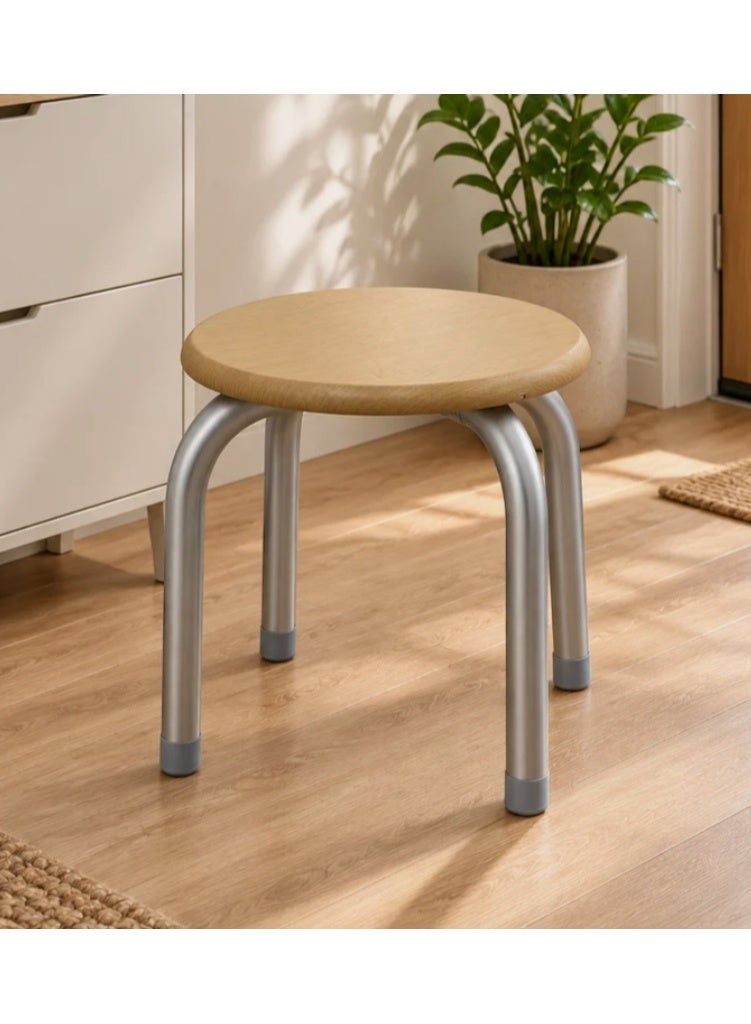 AKDC Round Wooden Stool with Silver Metal Legs - 25×30cm - Image 1