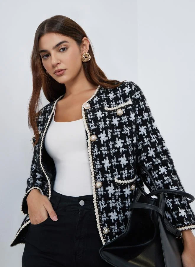 Styli Patterned Knit Jacket with Pearl Buttons