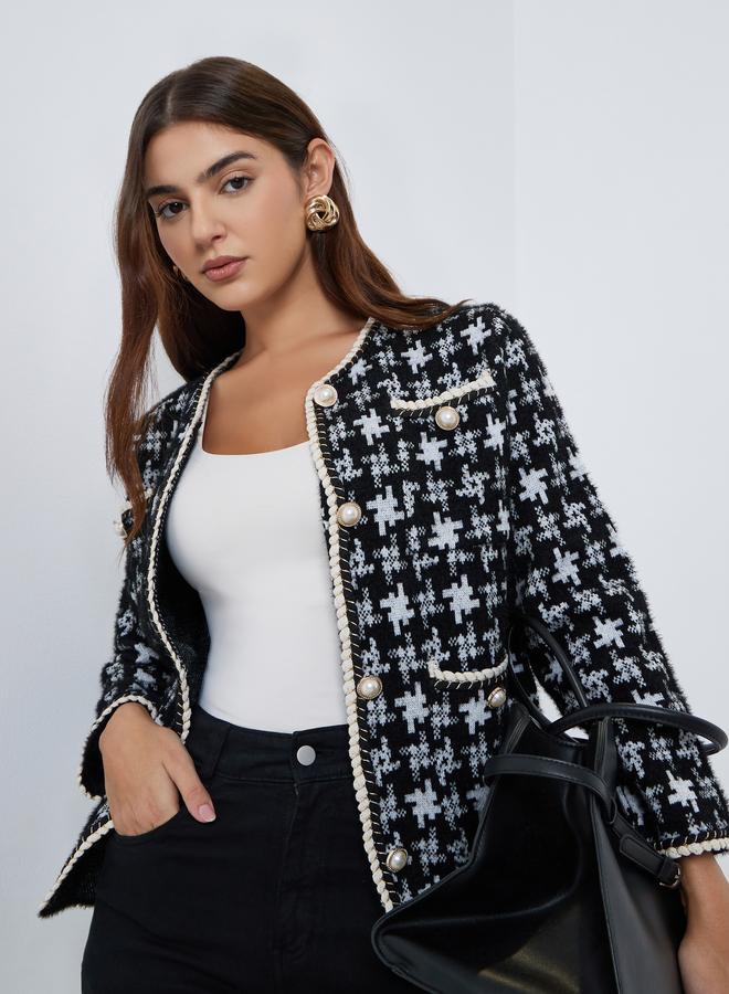 ستايلي جاكيت محبوك بنقشة وأزرار لؤلؤية - Image 1