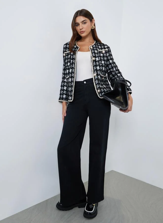 Styli Patterned Knit Jacket with Pearl Buttons