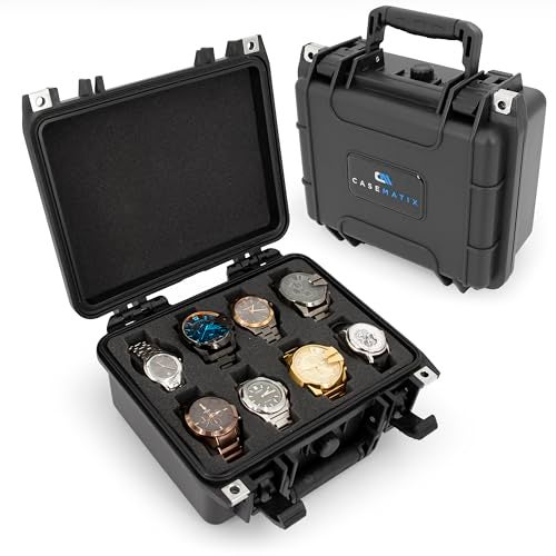CASEMATIX Watch Travel Case With 8 Watch Roll Holders Included - Impact Resistant Waterproof Watch Case With Foam Watch Box Display Tray and Padded Foam, Watch Storage Fits 24mm to 56mm Faces - Image 1