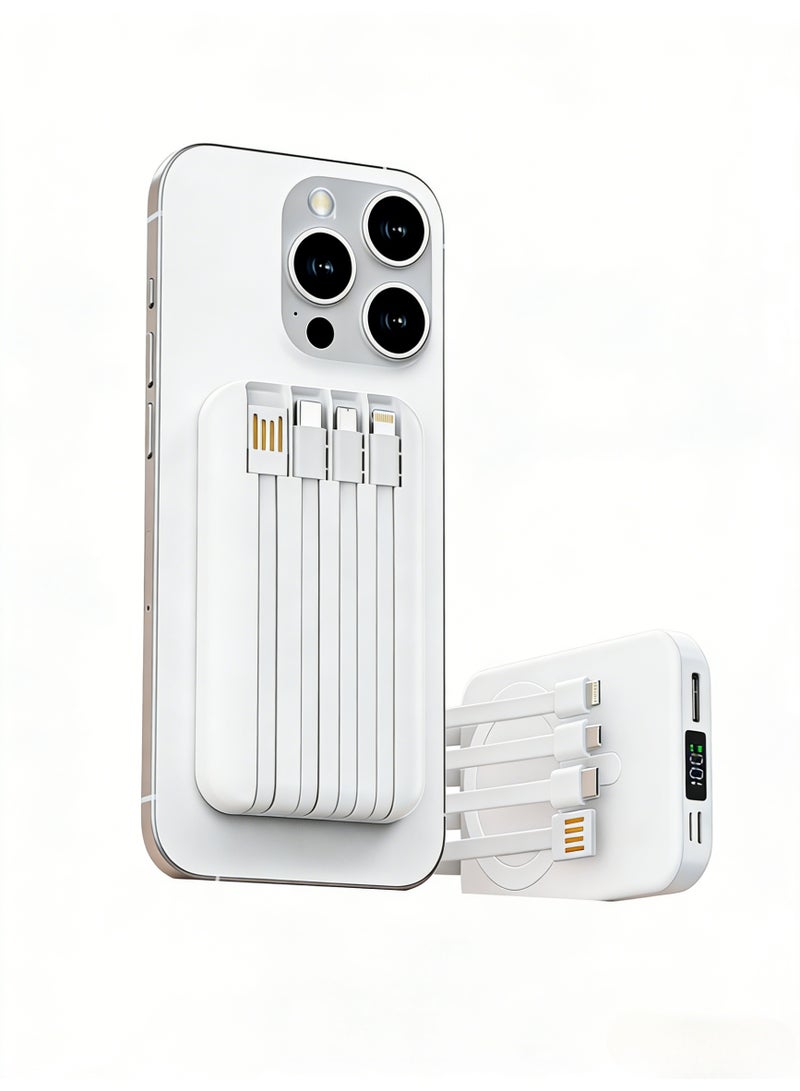 Magnetic Wireless Power Bank 10000mAh with 4 Built-in Cables, LED Digital Display, Fast Charging Portable Charger, Compatible with iPhone 17/16/15/14/13 Series & Android Devices, White - Image 1