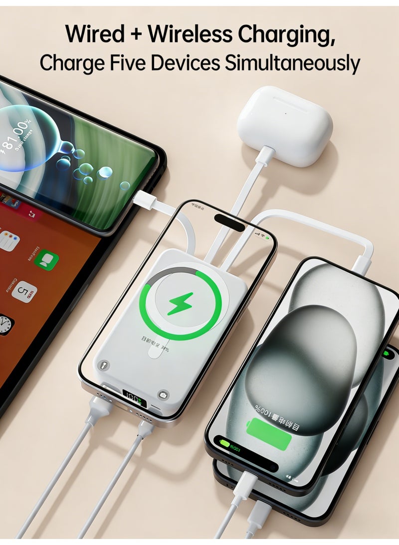 Magnetic Wireless Power Bank 10000mAh with 4 Built-in Cables, LED Digital Display, Fast Charging Portable Charger, Compatible with iPhone 17/16/15/14/13 Series & Android Devices, White - Image 5