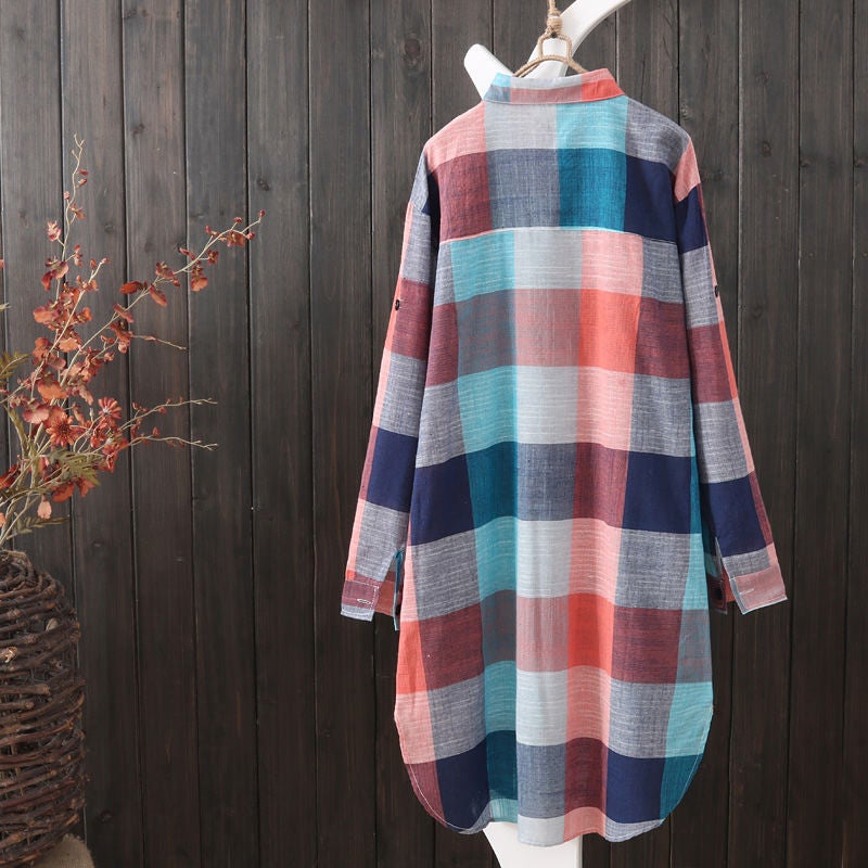 Loose Plaid Shirt Women Summer Fashion Blue and White