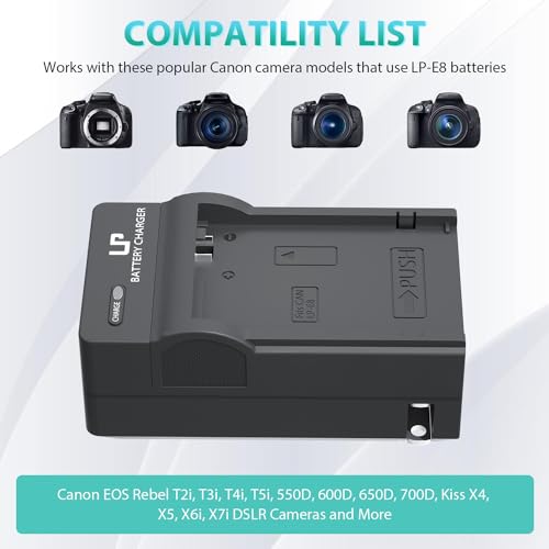 LP LP-E8 Battery Charger, Charger Compatible with Canon EOS Rebel T2i, T3i, T4i, T5i, 550D, 600D, 650D, 700D, Kiss X4, X5, X6i, X7i Cameras & More (Not for T2 T3 T4 T5) - Image 2