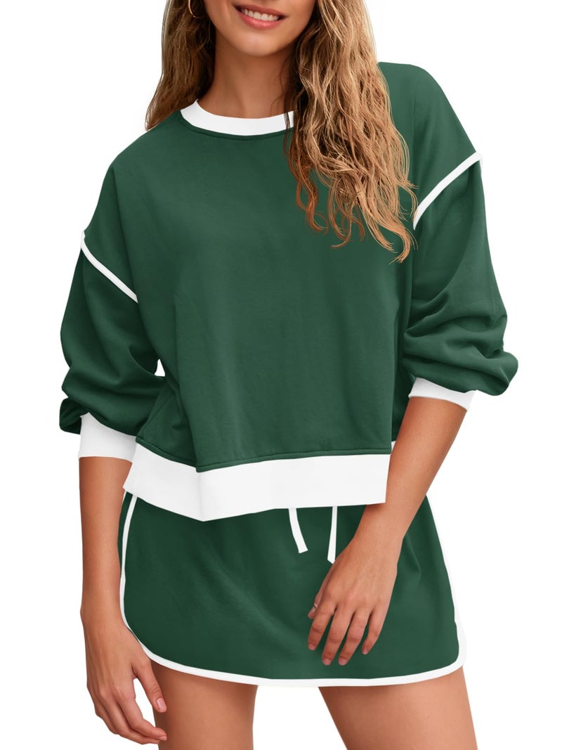 Fisoew Womens Sweatsuits 2 Piece Set Crewneck Sweatshirts High Waisted Skort Skirts Tennis Running Tracksuits Shorts Sets - Image 1