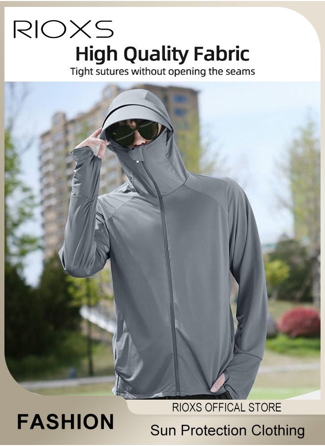 RIOXS Men's UPF 50+ Sun Protection Clothing, Outdoor Lightweight Full Zip Hoodie Jacket with Face Mask Design, Comfy Breathable Long Sleeve Coat with Thumbholes and Detachable Brim, Suitable for Daily Wear, Sports Training, Hiking, Fishing, Climbing or Other Outdoor Activities  - Image 4
