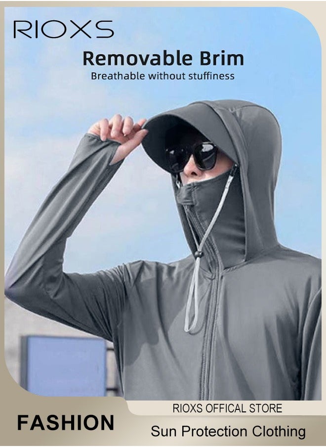 RIOXS Men's UPF 50+ Sun Protection Clothing, Outdoor Lightweight Full Zip Hoodie Jacket with Face Mask Design, Comfy Breathable Long Sleeve Coat with Thumbholes and Detachable Brim, Suitable for Daily Wear, Sports Training, Hiking, Fishing, Climbing or Other Outdoor Activities  - Image 5