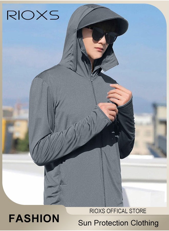 RIOXS Men's UPF 50+ Sun Protection Clothing, Outdoor Lightweight Full Zip Hoodie Jacket with Face Mask Design, Comfy Breathable Long Sleeve Coat with Thumbholes and Detachable Brim, Suitable for Daily Wear, Sports Training, Hiking, Fishing, Climbing or Other Outdoor Activities  - Image 3