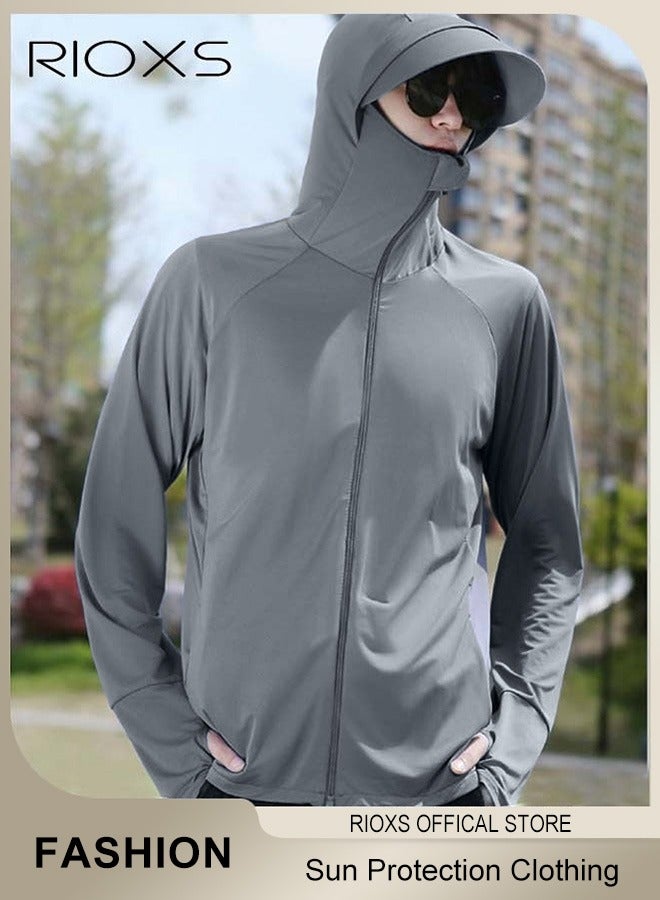 Men's UPF 50+ Sun Protection Clothing, Outdoor Lightweight Full Zip Hoodie Jacket with Face Mask Design, Comfy Breathable Long Sleeve Coat with Thumbholes and Detachable Brim, Suitable for Daily Wear, Sports Training, Hiking, Fishing, Climbing or Other Outdoor Activities