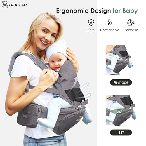 FRUITEAM Baby Carrier Newborn to Toddler, Safety-Certified Baby Waist Stool, Ergonomic 6-in-1 Baby Carrier with Head Support, Adjustable & Removable Baby Holder for All Seasons, Dark Grey - Image 3