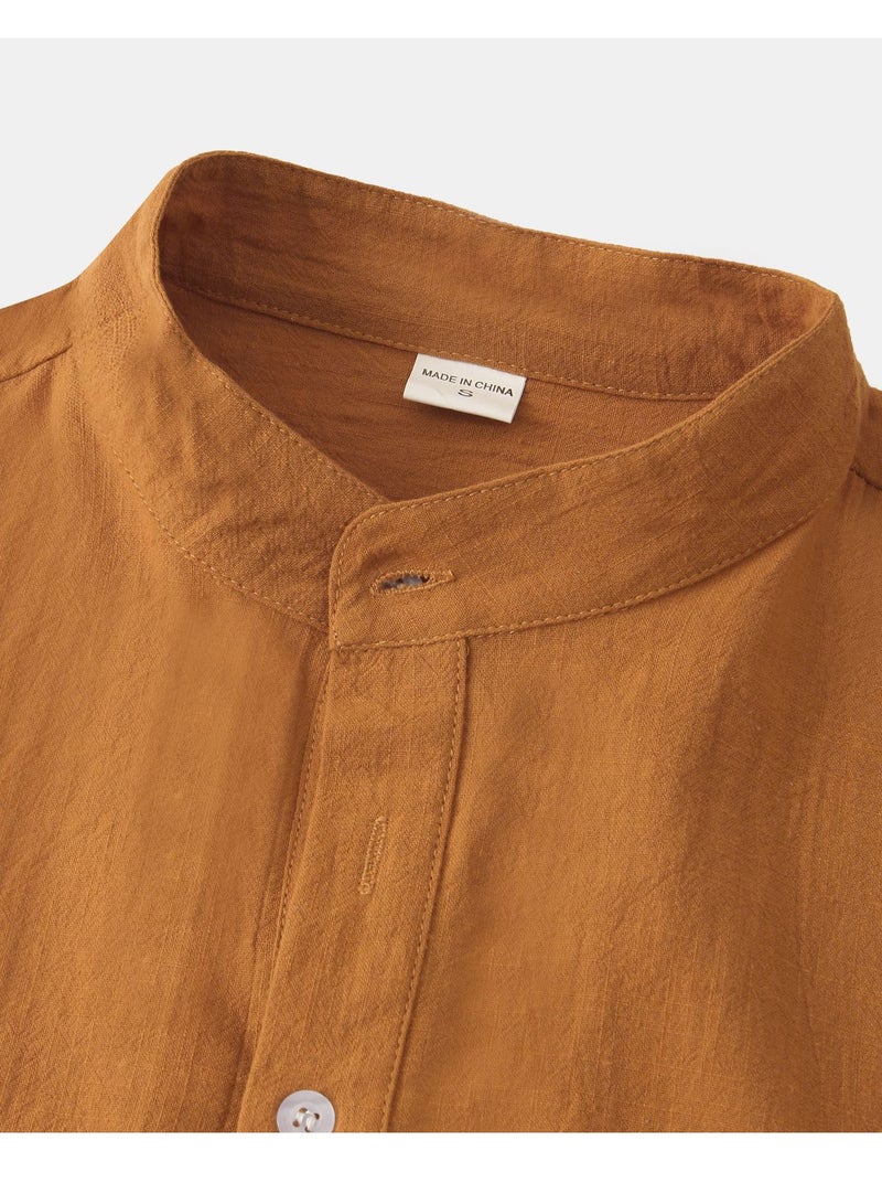 Summer men's cotton and linen stand collar casual short-sleeved shirt beach T-shirt shirt men's clothing - Image 5