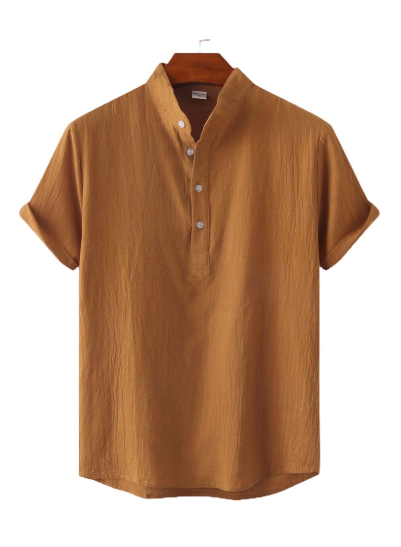 Summer men's cotton and linen stand collar casual short-sleeved shirt beach T-shirt shirt men's clothing - Image 1
