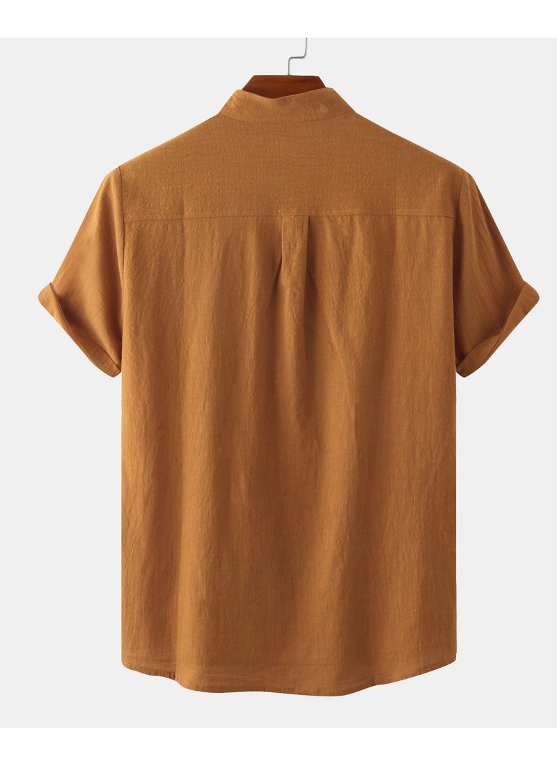 Summer men's cotton and linen stand collar casual short-sleeved shirt beach T-shirt shirt men's clothing - Image 2