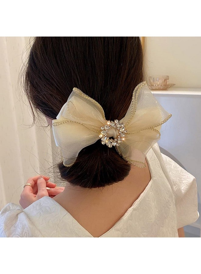 Jumwrit Umwrit Large Bow Hair Clip Rhinestone Hair Barrette Strong Hold Bowknot Hair Clip Mesh Hair Bow Fashion Hair Accessories For Women Girls（Off White） - Image 1