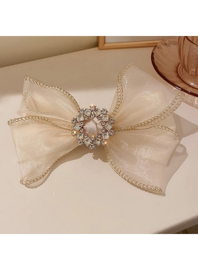 Jumwrit Umwrit Large Bow Hair Clip Rhinestone Hair Barrette Strong Hold Bowknot Hair Clip Mesh Hair Bow Fashion Hair Accessories For Women Girls（Off White） - Image 5