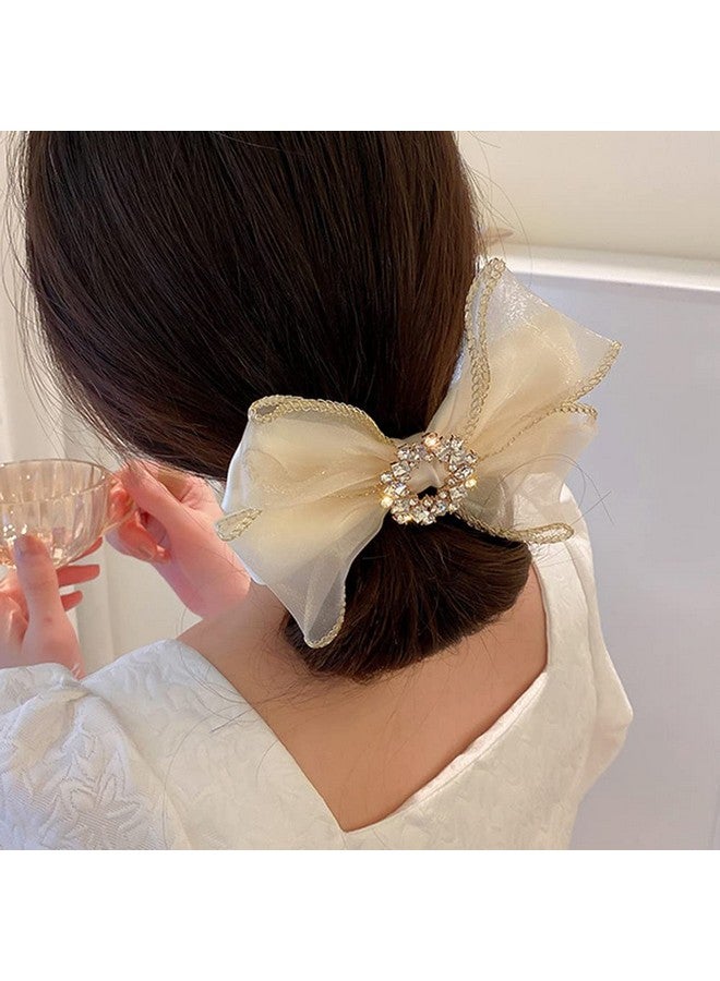Jumwrit Umwrit Large Bow Hair Clip Rhinestone Hair Barrette Strong Hold Bowknot Hair Clip Mesh Hair Bow Fashion Hair Accessories For Women Girls（Off White） - Image 3