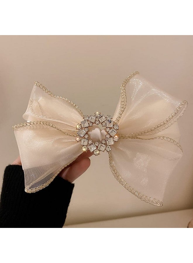 Jumwrit Umwrit Large Bow Hair Clip Rhinestone Hair Barrette Strong Hold Bowknot Hair Clip Mesh Hair Bow Fashion Hair Accessories For Women Girls（Off White） - Image 4