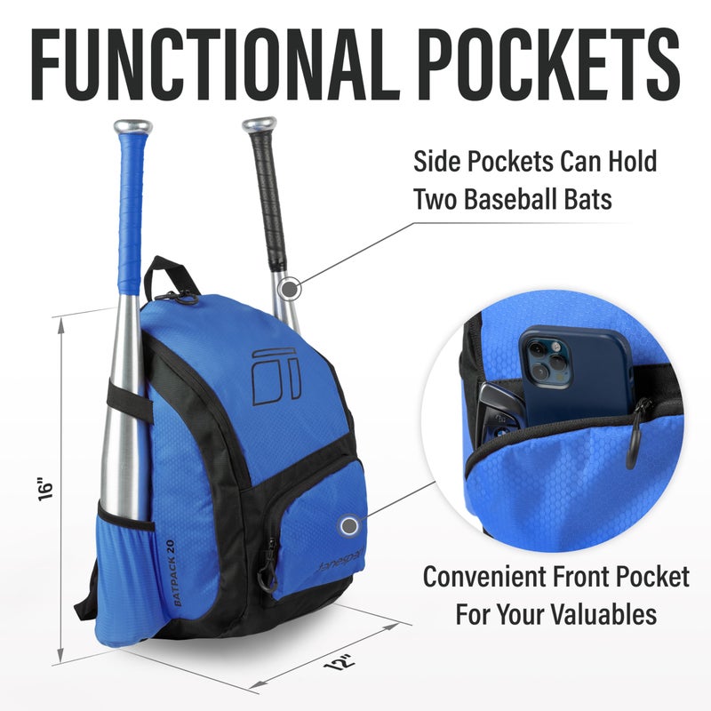 Tonesport Youth Baseball Bag - Backpack for Baseball, Softball, Tball - Bat Bag for Youth - Royal Blue - Image 5