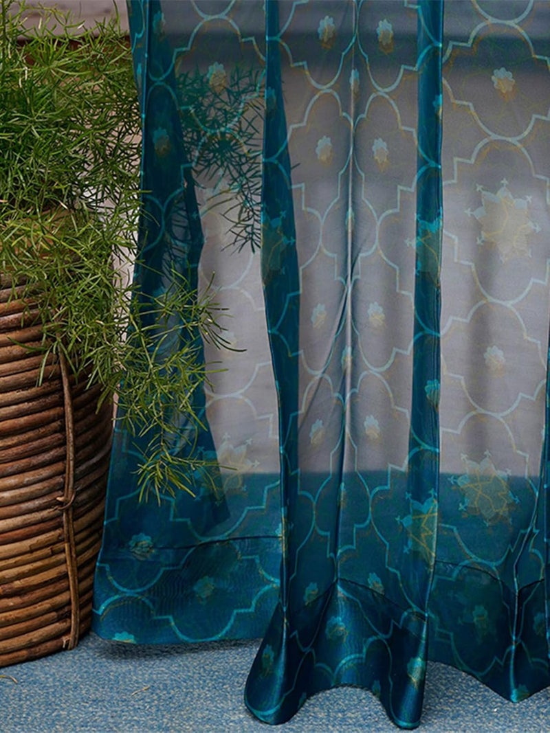 ZEBA Polyester World Transparent Organza Sheer Back Tab Curtain for Door | Bedroom and Living Room | Soft and Lightweight | Printed Ogee Pattern in Teal - 50x90 Inches (7.5 Feet Long) (Pack of 1)