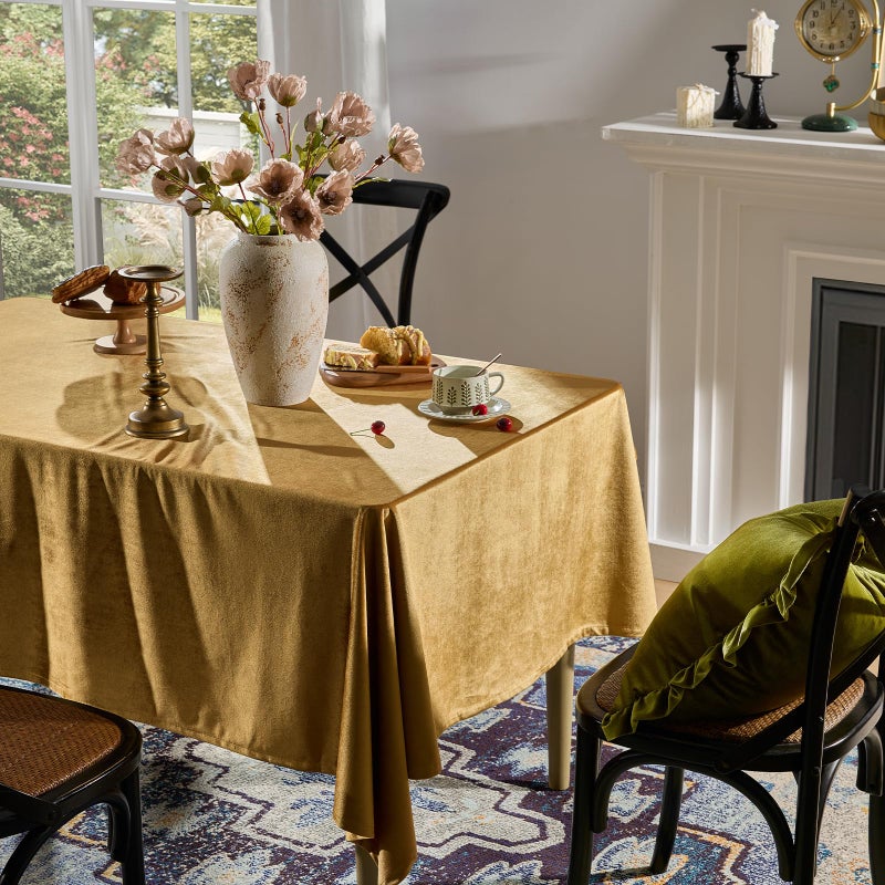OMMATO Gold Velvet Rectangle Tablecloth 55x84 Inch Vintage French Table Cloth Retro Farmhouse Rustic Tablecloths Washable Table Cover for Christmas Party Wedding Kitchen Dinning Tabletop Decoration,Fall - Image 2