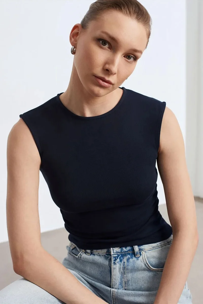 Dilvin Navy Blue DILVIN Sleeveless Ribbed Crew Neck Slim Fit T-Shirt for Women | Best Price UAE