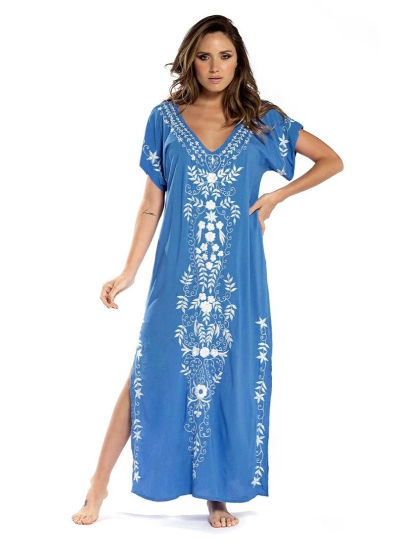 general V Neck Short Sleeve Floral Pattern Beach Maxi Long Dress - Image 1