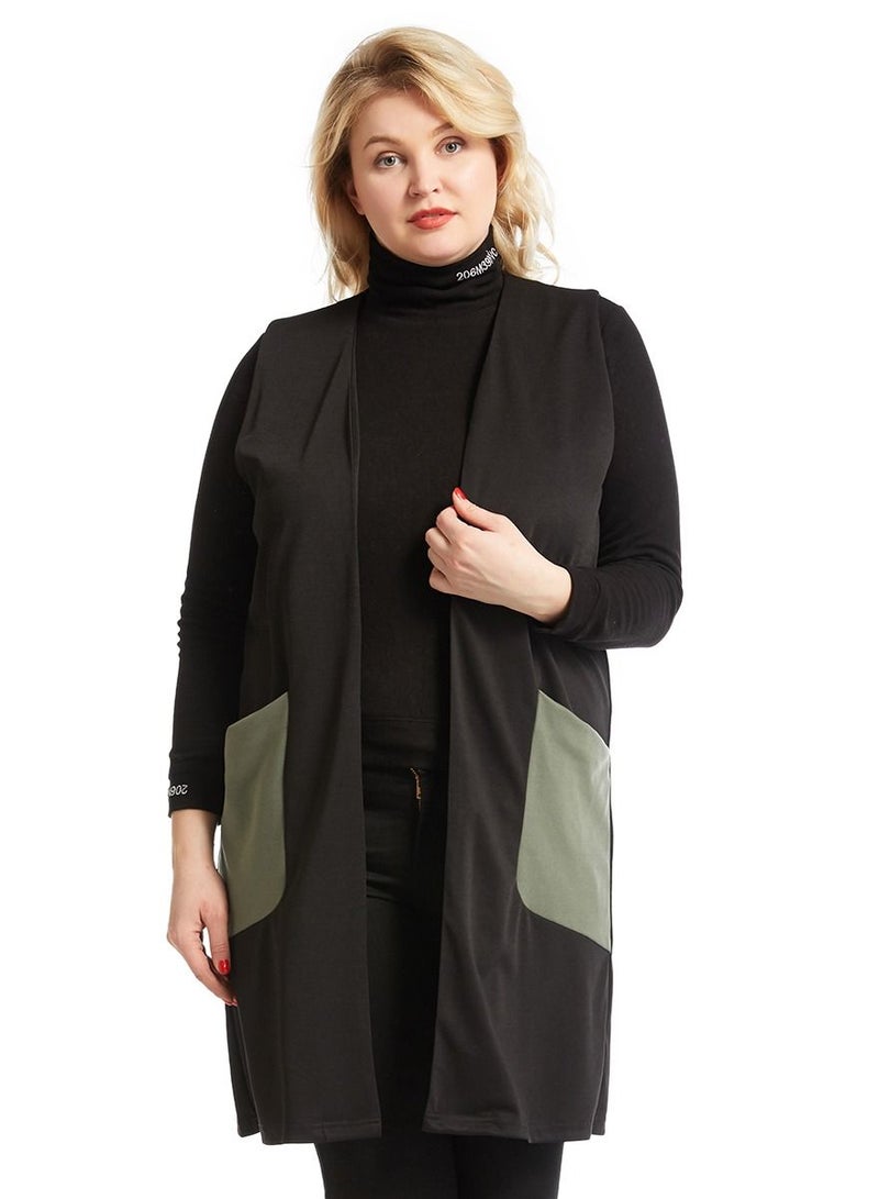 Loquat Lady's Plum-Size Loose Waistcoat With Pockets Black/Green  - Image 1