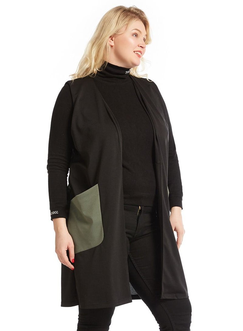 Loquat Lady's Plum-Size Loose Waistcoat With Pockets Black/Green  - Image 2