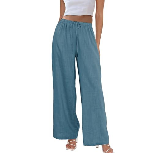 Duyang Womens Cotton Linen Palazzo Pants Drawstring Elastic Waist Casual Wide Leg Trousers with Pockets(Lake-Blue,L) - Image 1