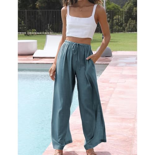 Duyang Womens Cotton Linen Palazzo Pants Drawstring Elastic Waist Casual Wide Leg Trousers with Pockets(Lake-Blue,L) - Image 4