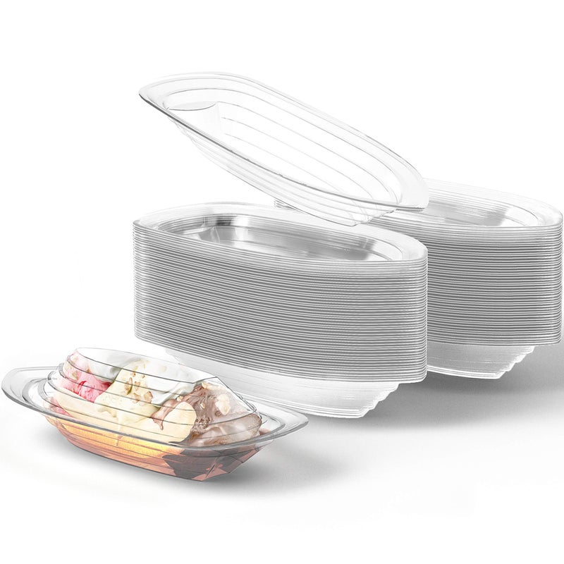 Super Fun Recyclable Banana Split Boats 100 Pk Best Long 12 Oz  8 Oz Combo of Disposable Bowls WLids for Ice Cream Sundaes Perfect Clear Plastic Sunday Cups for Kids Birthday Party