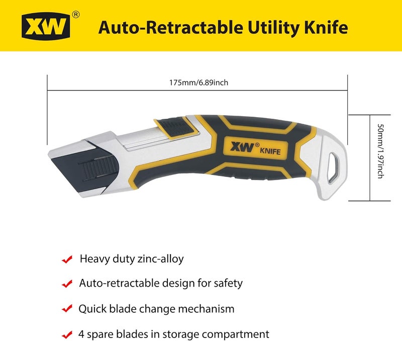 XW Auto-Retractable Safety Utility Knife, Box Cutter of Quick Blade Change, 4 Spare Blades Storage in Handle - Image 5