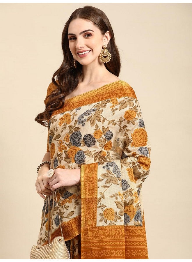 RATAN Pure Cotton Printed Mulmul Saree for Women with Blouse Piece (GDBT-BP-1047-MUST_Mustard Yellow) - Image 4