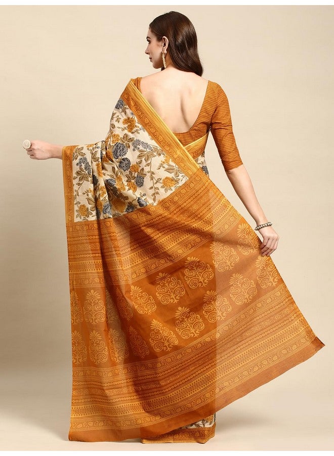 RATAN Pure Cotton Printed Mulmul Saree for Women with Blouse Piece (GDBT-BP-1047-MUST_Mustard Yellow) - Image 2