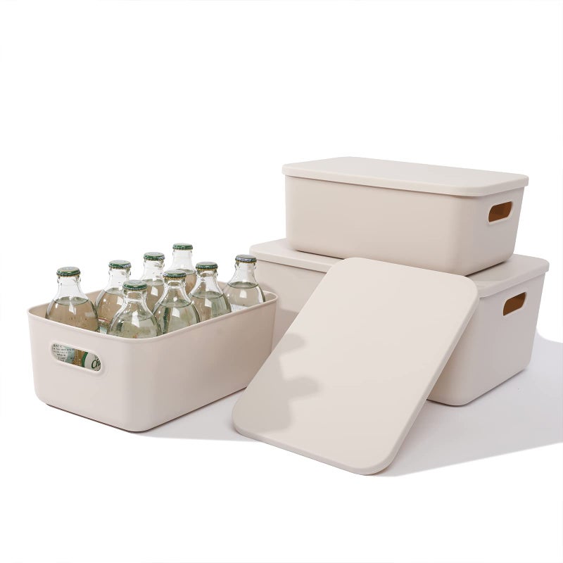 Yishyfier Plastic Storage Baskets With Lid Organizing Container Lidded Knit Storage Organizer Bins for Shelves Drawers Desktop Closet Playroom Classroom Office M2S Light grey
