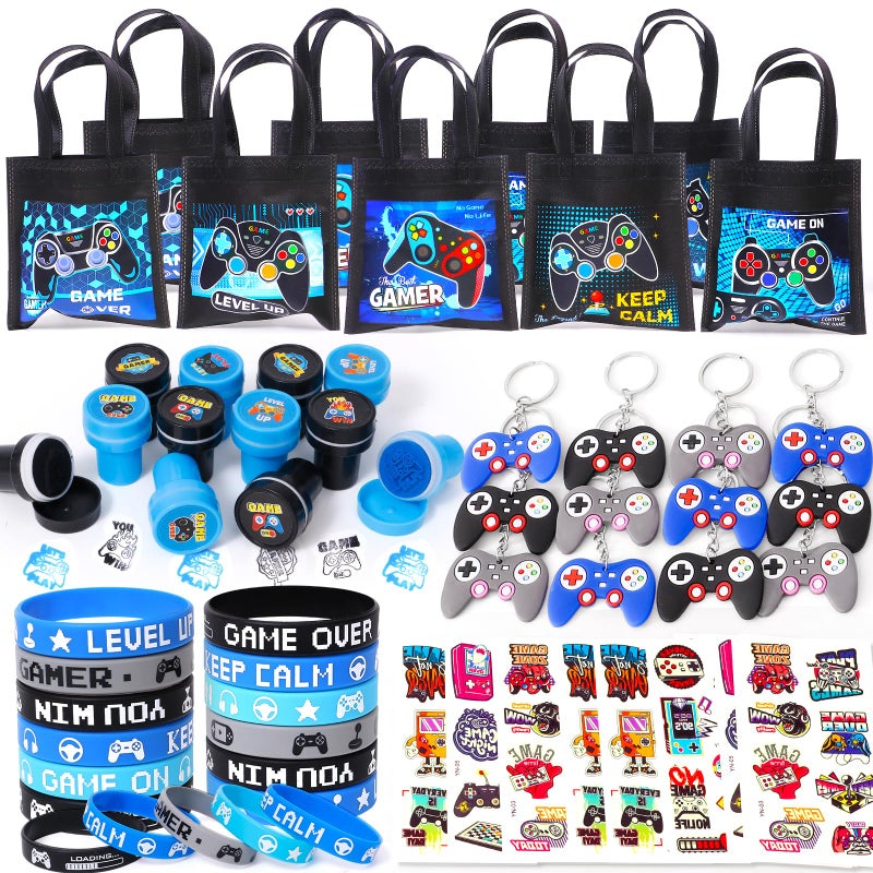 Latocos Latocos 60pcs Video Game Party Bag Fillers Video Game Party Favours Black Tote Bag Keychain Luminous Tattoo Silicone Bracelet Stamps Birthday Gift Give Aways Boys Kids Video Game Party Supplies  - Image 1