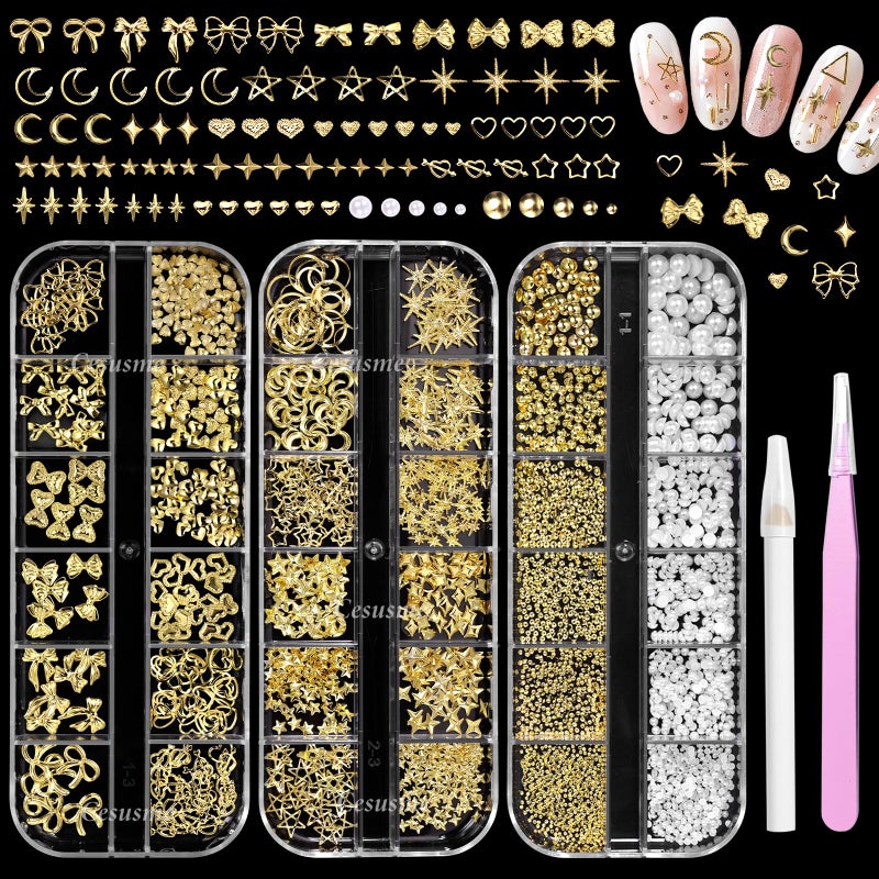CESUSME Gold Nail Charms Pearls, Heart Bow Nail Art Charms, Metal Cross Star Moon Nails Studs, Half Round Flatback Nail Pearls Charms, Caviar Nails Beads Charms for Nails Design DIY Craft - Image 1