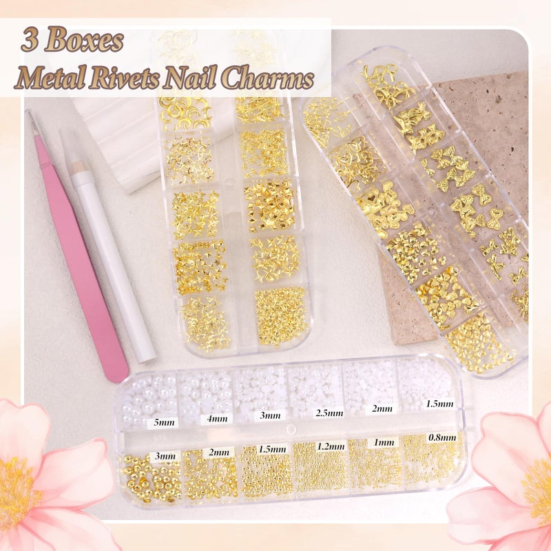 CESUSME Gold Nail Charms Pearls, Heart Bow Nail Art Charms, Metal Cross Star Moon Nails Studs, Half Round Flatback Nail Pearls Charms, Caviar Nails Beads Charms for Nails Design DIY Craft - Image 4