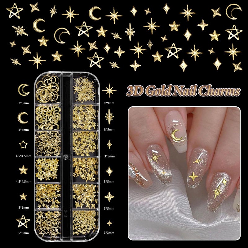CESUSME Gold Nail Charms Pearls, Heart Bow Nail Art Charms, Metal Cross Star Moon Nails Studs, Half Round Flatback Nail Pearls Charms, Caviar Nails Beads Charms for Nails Design DIY Craft - Image 2