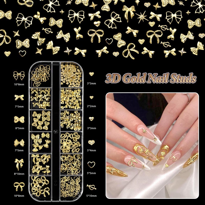 CESUSME Gold Nail Charms Pearls, Heart Bow Nail Art Charms, Metal Cross Star Moon Nails Studs, Half Round Flatback Nail Pearls Charms, Caviar Nails Beads Charms for Nails Design DIY Craft - Image 3