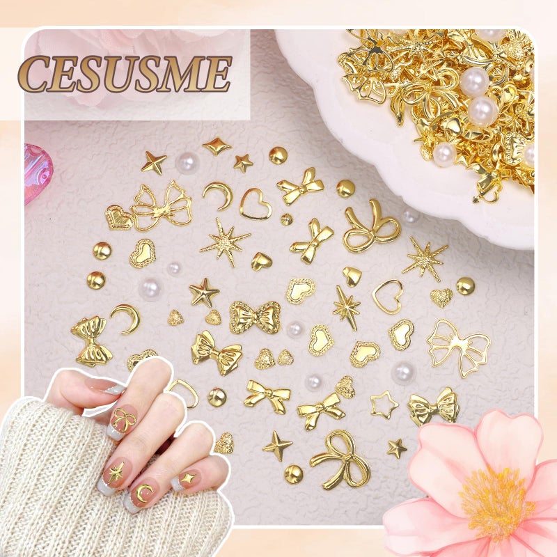 CESUSME Gold Nail Charms Pearls, Heart Bow Nail Art Charms, Metal Cross Star Moon Nails Studs, Half Round Flatback Nail Pearls Charms, Caviar Nails Beads Charms for Nails Design DIY Craft - Image 5
