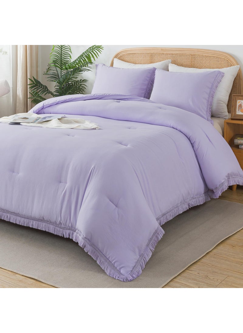 Andency Andency Queen Comforter Set Lavender  Purple 3 Pieces Boho Tassel Lightweight Bedding Comforter Sets  Winter Soft Fluffy Fringe Bed Set (90x90In Comforter & 2 Pillowcases)  - Image 1