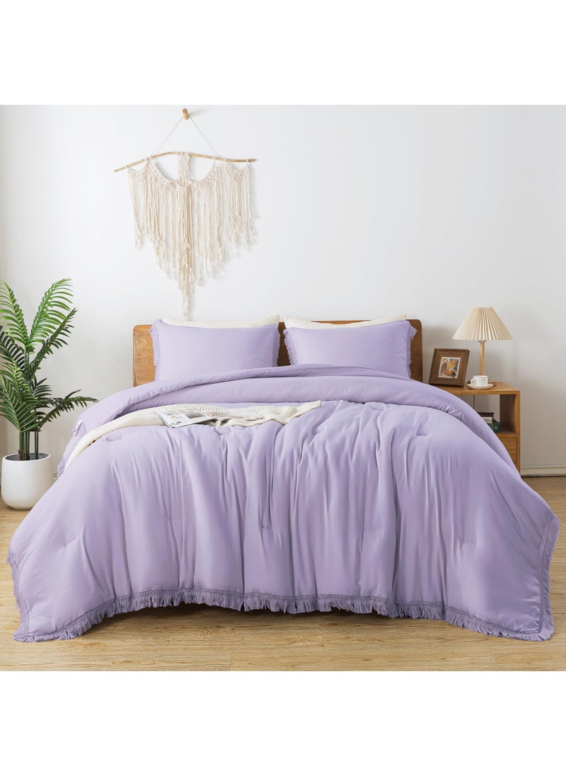 Andency Andency Queen Comforter Set Lavender  Purple 3 Pieces Boho Tassel Lightweight Bedding Comforter Sets  Winter Soft Fluffy Fringe Bed Set (90x90In Comforter & 2 Pillowcases)  - Image 3