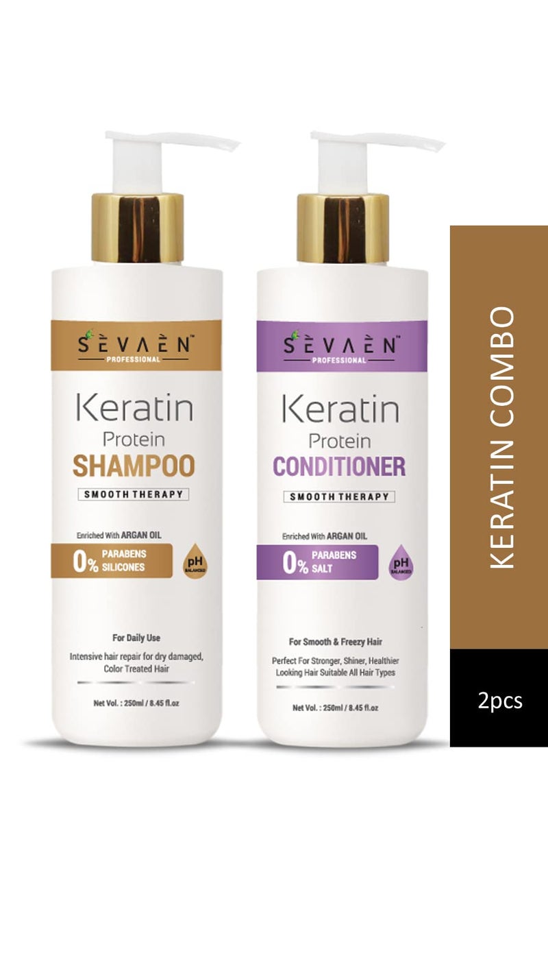 SEVAEN Keratin Shampoo & Conditioner Combo Pack (250 ml Each) | Enriched with Argan Oil | Mild Daily Care for Dry, Damaged, Curly & Frizzy Hair | Thickening for Fine & Thin Hair - Image 1