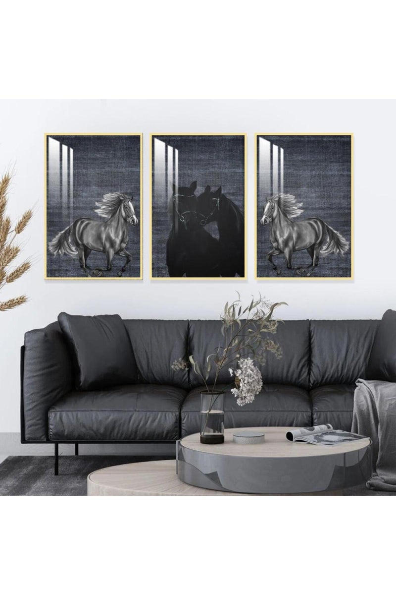 Marktna Three wooden wall painting with a horse design, with a frame and a clear acrylic layer. - Image 1