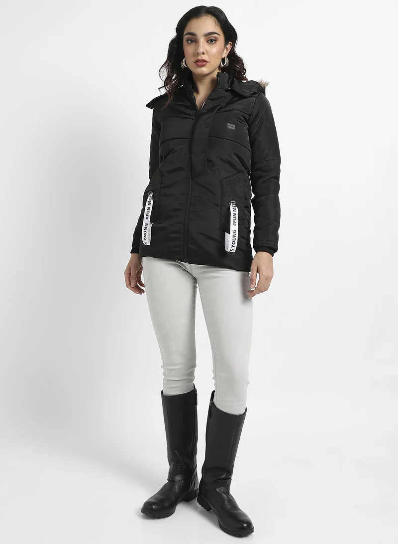 Campus Sutra Women's Black Zip-Front Puffer Jacket With Fur Detail