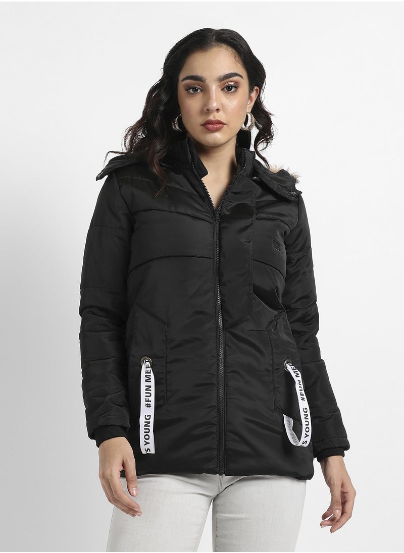 Campus Sutra Women's Black Zip-Front Puffer Jacket With Fur Detail  - Image 2